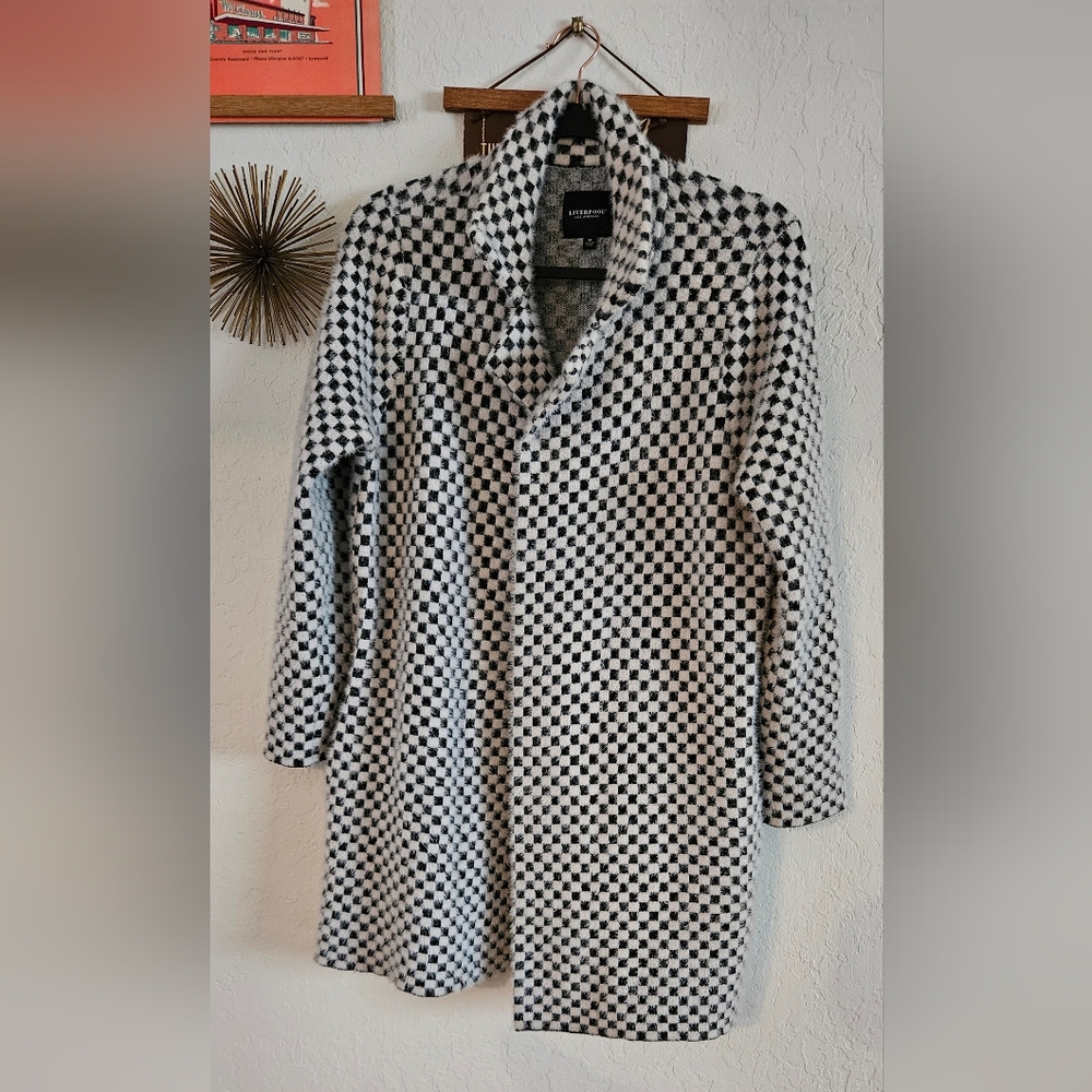 Liverpool Open Front Cardigan Sweater Coat Coatigan Black White Check Medium